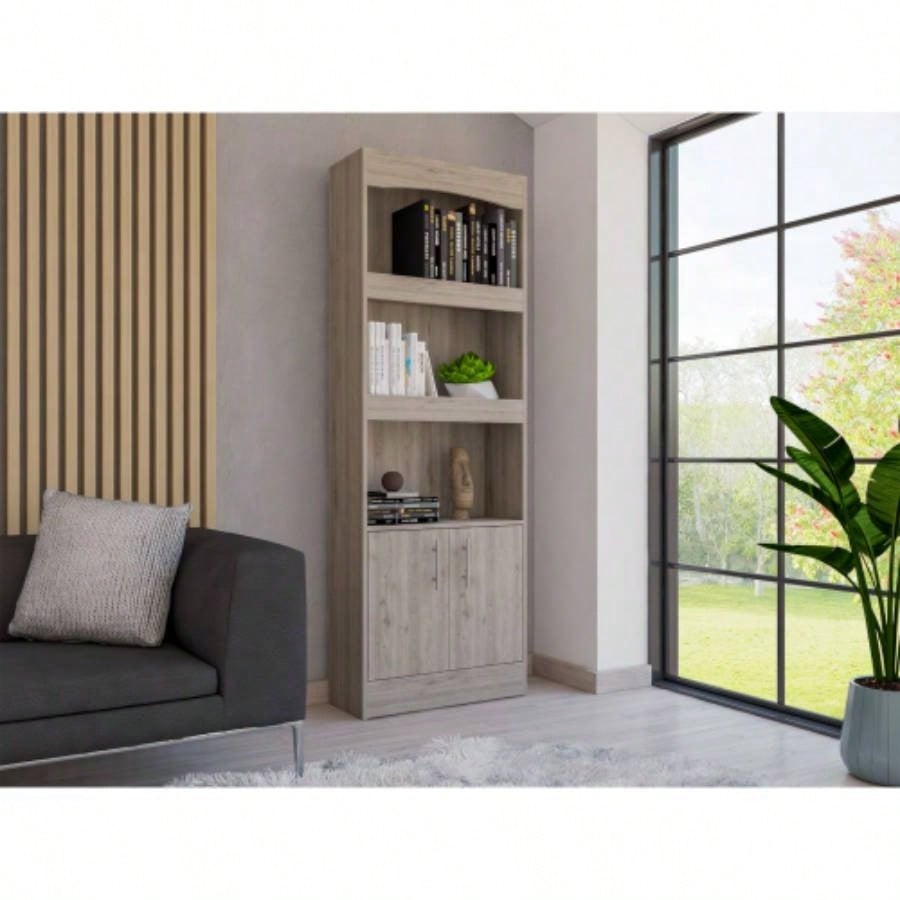 Bookcase, Three Shelves, Double Door Cabinet, Metal Hardware, Light Gray
