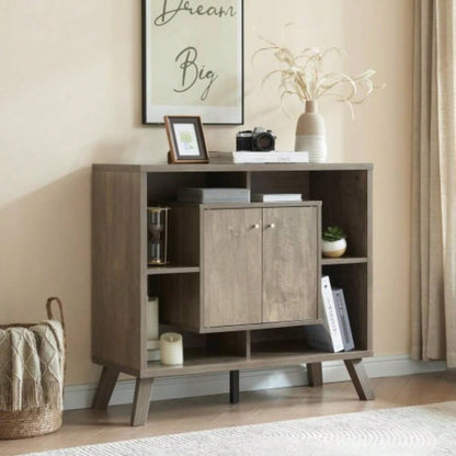 Compact display storage sideboard bookcase cabinet two door four open shelves metal knobs wooden flared