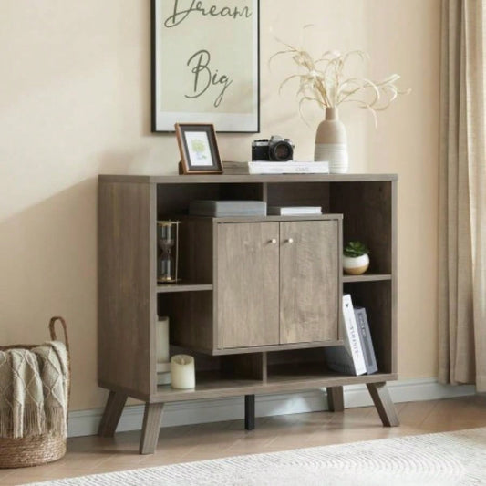 Compact display storage sideboard bookcase cabinet two door four open shelves metal knobs wooden flared