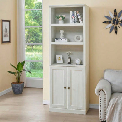 1 Doors Bookshelf with USB Port and 3 Open Shelves Bookcase Side Cabinet Storage Shelves, Rustic White