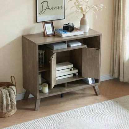 Compact display storage sideboard bookcase cabinet two door four open shelves metal knobs wooden flared
