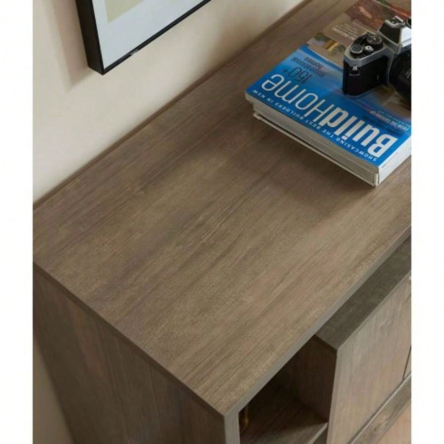 Compact display storage sideboard bookcase cabinet two door four open shelves metal knobs wooden flared