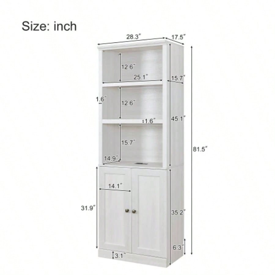 1 Doors Bookshelf with USB Port and 3 Open Shelves Bookcase Side Cabinet Storage Shelves, Rustic White