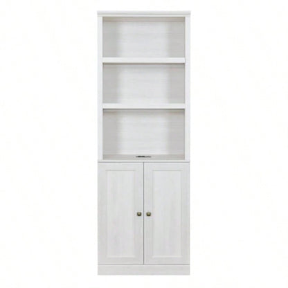 1 Doors Bookshelf with USB Port and 3 Open Shelves Bookcase Side Cabinet Storage Shelves, Rustic White