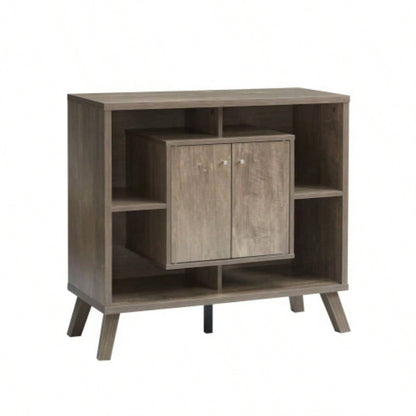 Compact display storage sideboard bookcase cabinet two door four open shelves metal knobs wooden flared