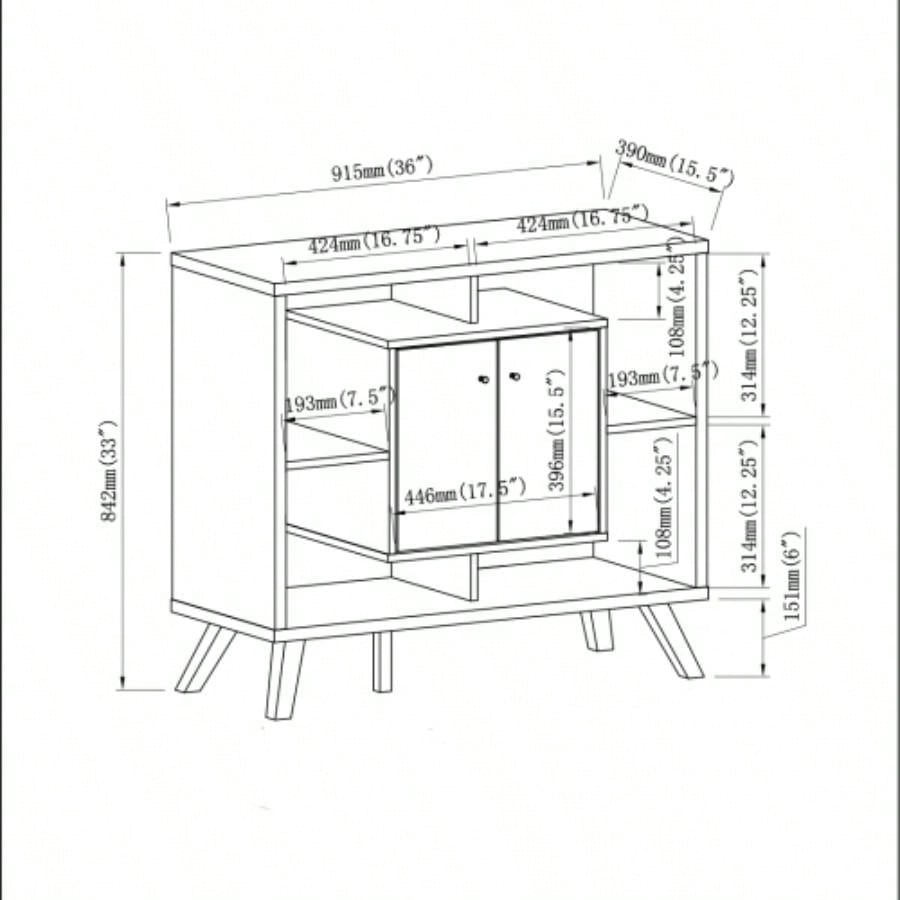 Compact display storage sideboard bookcase cabinet two door four open shelves metal knobs wooden flared