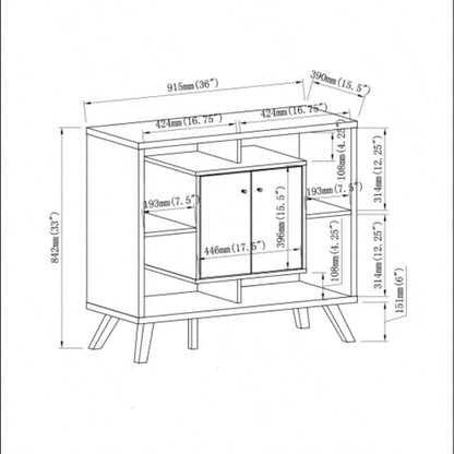 Compact display storage sideboard bookcase cabinet two door four open shelves metal knobs wooden flared