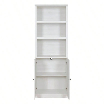 1 Doors Bookshelf with USB Port and 3 Open Shelves Bookcase Side Cabinet Storage Shelves, Rustic White
