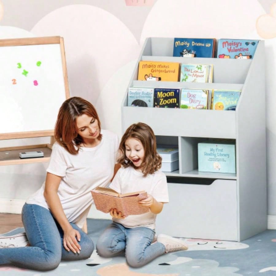 Kids Bookcase Multi - Shelf Rack Organizer with Storage Drawer Books Bedroom or Playroom,