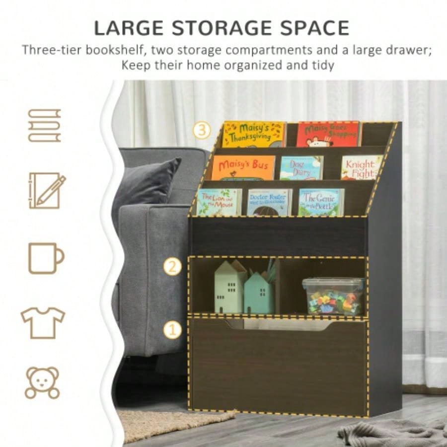 HOMCOM Kids Bookcase Multi - Shelf Rack Organizer with Storage Drawer Books, Playroom, Brown