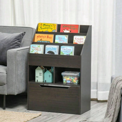 HOMCOM Kids Bookcase Multi - Shelf Rack Organizer with Storage Drawer Books, Playroom, Brown