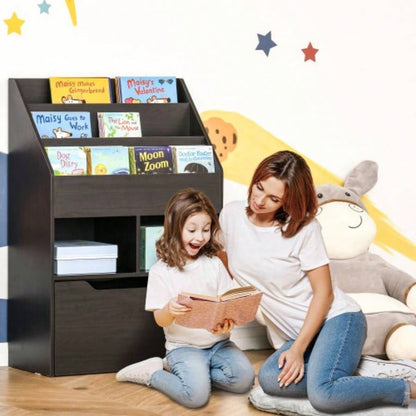 HOMCOM Kids Bookcase Multi - Shelf Rack Organizer with Storage Drawer Books, Playroom, Brown