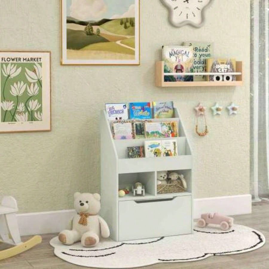 HOMCOM Kids Bookcase Multi - Shelf Rack Organizer with Storage Drawer Books, Playroom, Pale Green