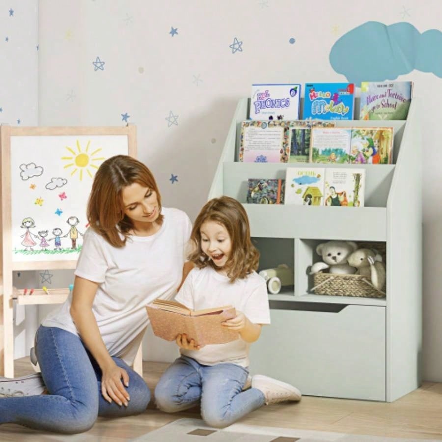 HOMCOM Kids Bookcase Multi - Shelf Rack Organizer with Storage Drawer Books, Playroom, Pale Green