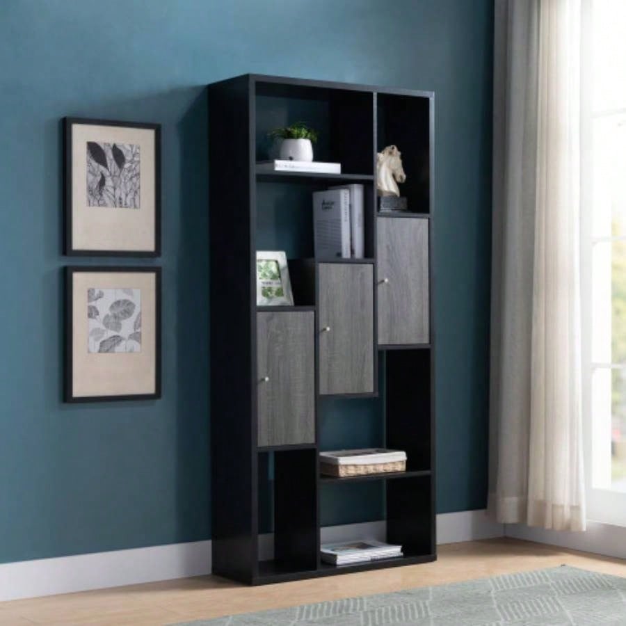 Bookcase Display Storage Cabinet, Multi Shelves Black Distressed