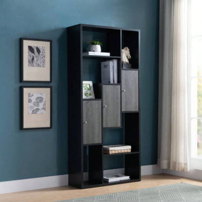 Bookcase Display Storage Cabinet, Multi Shelves Black Distressed