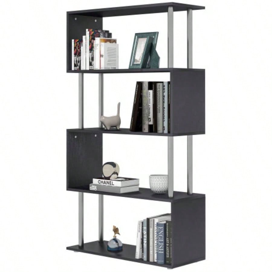 Modern S - Shaped 5 Tier Room Dividing Bookcase Wooden Storage Display Stand Shelf - Black