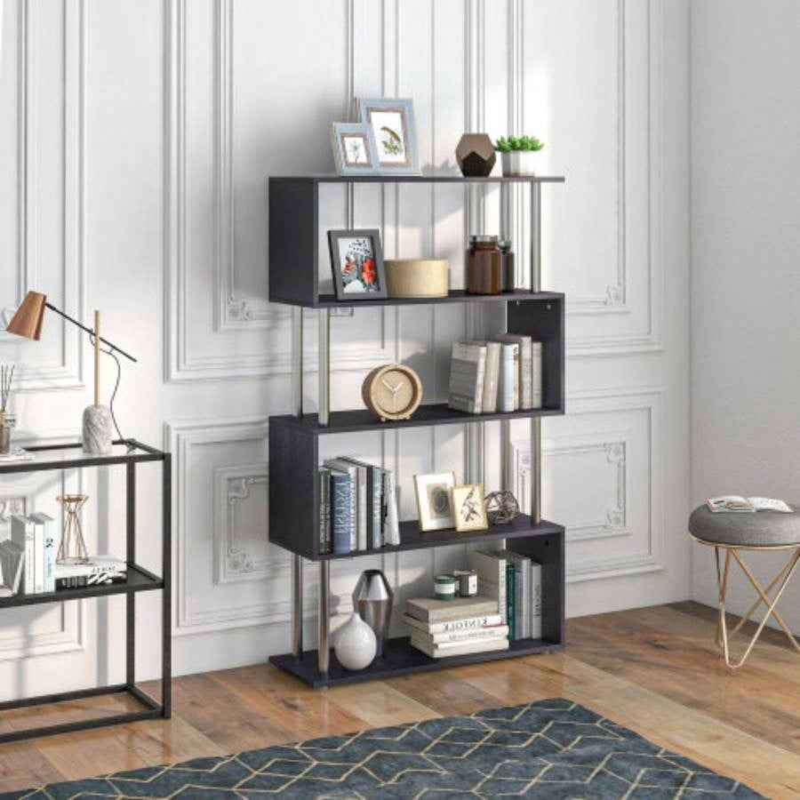Modern S - Shaped 5 Tier Room Dividing Bookcase Wooden Storage Display Stand Shelf - Black