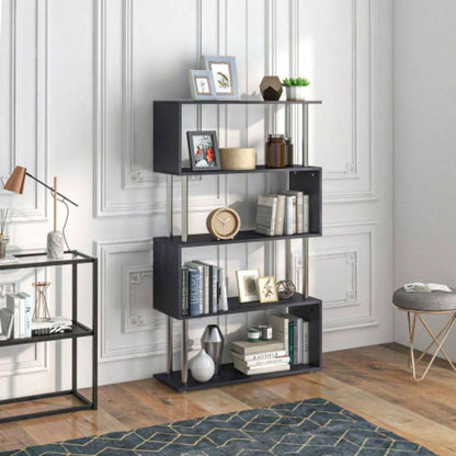 Modern S - Shaped 5 Tier Room Dividing Bookcase Wooden Storage Display Stand Shelf - Black