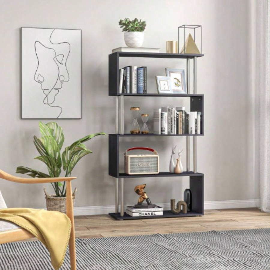Modern S - Shaped 5 Tier Room Dividing Bookcase Wooden Storage Display Stand Shelf - Black