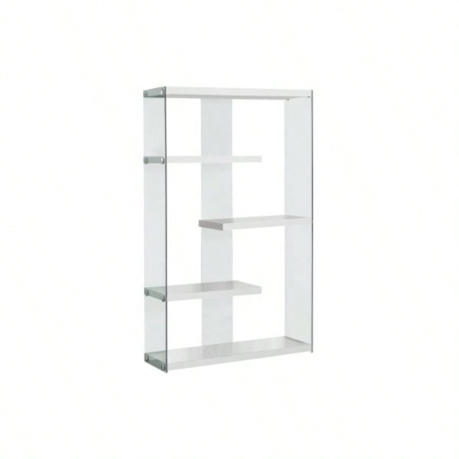 Bookshelf, Bookcase, Etagere, 5 Tier, 60h, Office, Bedroom, Glossy White Laminate, Tempered Glass, Contemporary, Modern