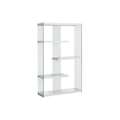 Bookshelf, Bookcase, Etagere, 5 Tier, 60h, Office, Bedroom, Glossy White Laminate, Tempered Glass, Contemporary, Modern