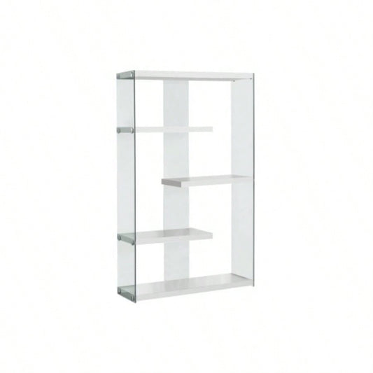Bookshelf, Bookcase, Etagere, 5 Tier, 60h, Office, Bedroom, Glossy White Laminate, Tempered Glass, Contemporary, Modern
