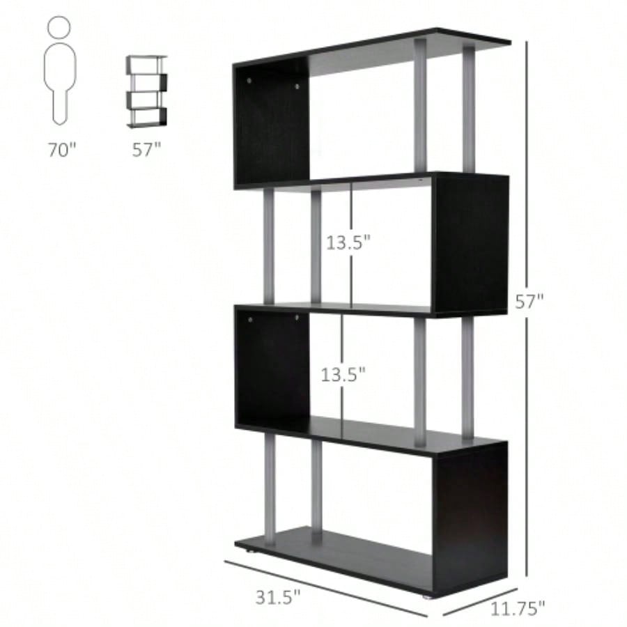 Modern S - Shaped 5 Tier Room Dividing Bookcase Wooden Storage Display Stand Shelf - Black