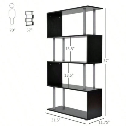 Modern S - Shaped 5 Tier Room Dividing Bookcase Wooden Storage Display Stand Shelf - Black