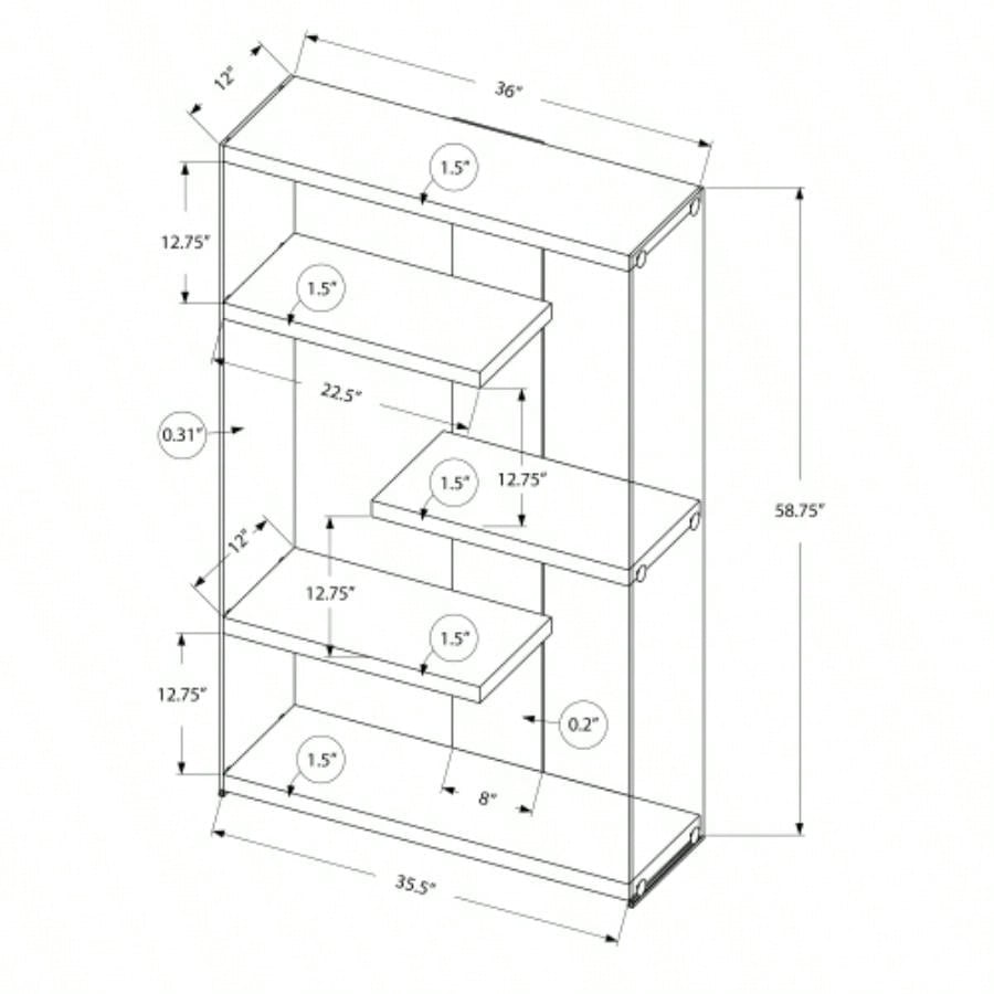Bookshelf, Bookcase, Etagere, 5 Tier, 60h, Office, Bedroom, Glossy White Laminate, Tempered Glass, Contemporary, Modern
