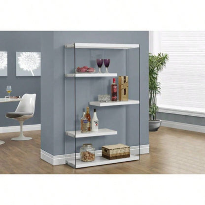 Bookshelf, Bookcase, Etagere, 5 Tier, 60h, Office, Bedroom, Glossy White Laminate, Tempered Glass, Contemporary, Modern