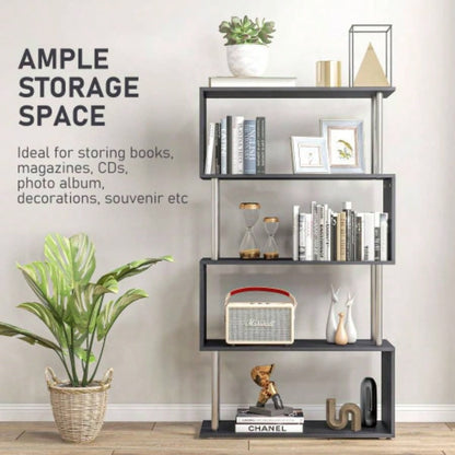 Modern S - Shaped 5 Tier Room Dividing Bookcase Wooden Storage Display Stand Shelf - Black