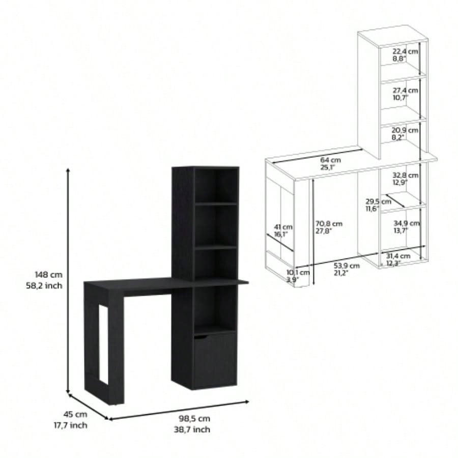 Office Desk Aragon with Four - Tier Bookcase and Lower Cabinet, Black Wengue