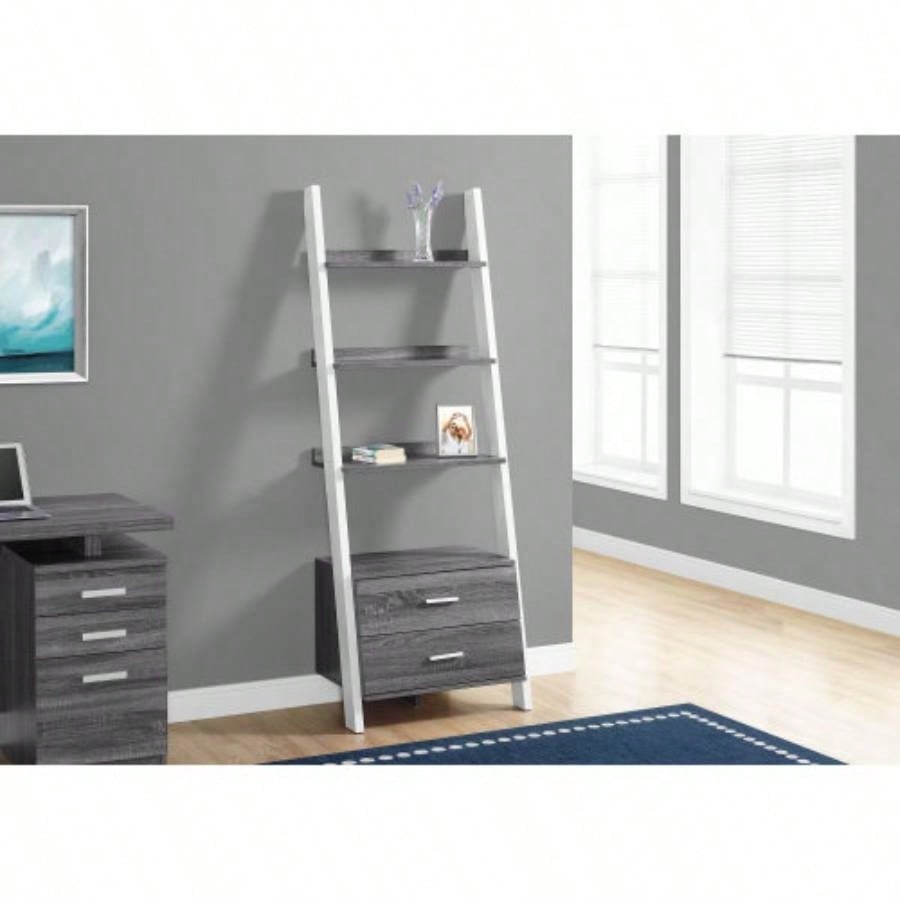 Bookshelf, Bookcase, Etagere, Ladder, 4 Tier, 69h, Office, Bedroom, And White Laminate, Contemporary, Modern