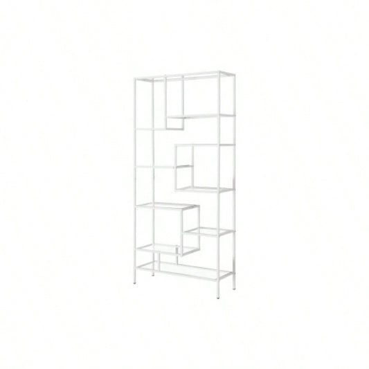 Bookshelf, Bookcase, Etagere, 72h, Office, Bedroom, Tempered Glass, White Metal, Contemporary, Modern