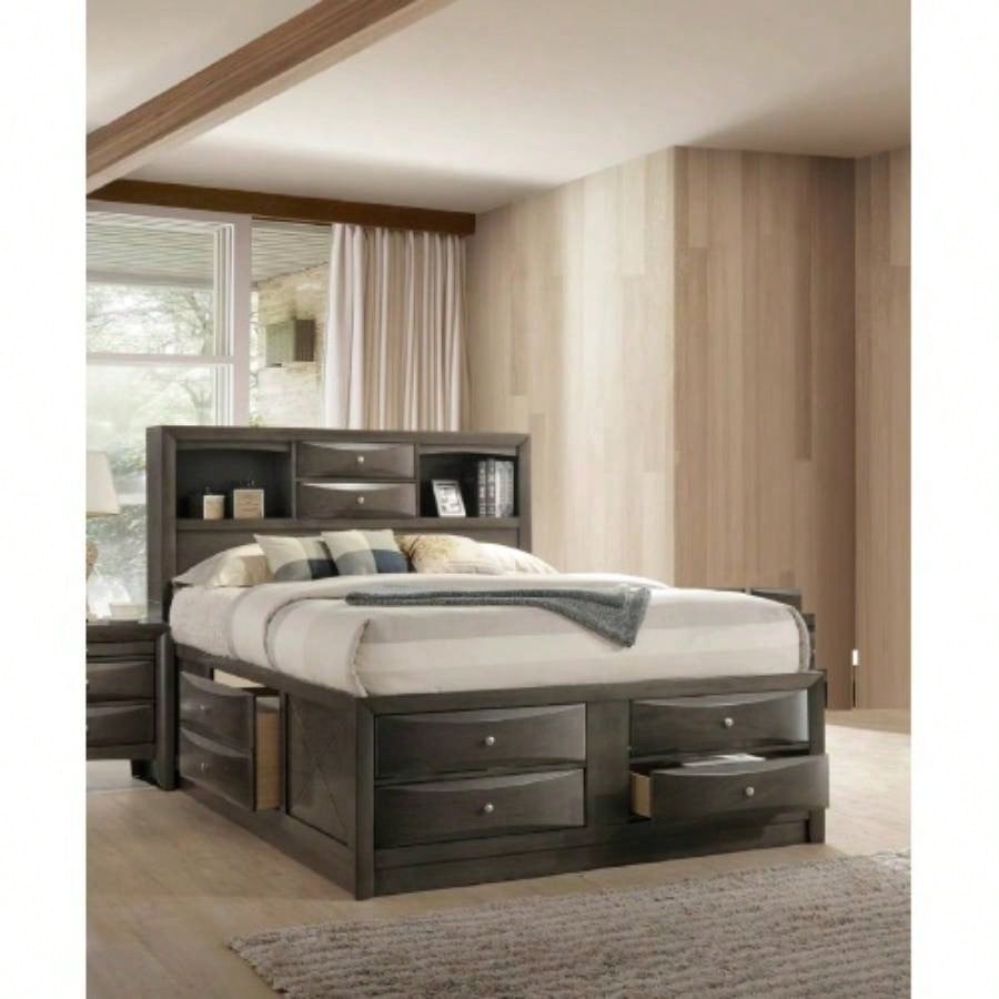 1pc Contemporary Captains Platform Bed Bookcase Shelves Headboard Side Storage Solid Wood Wooden Bedroom Furniture