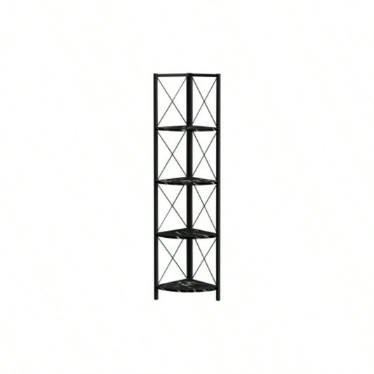 Bookshelf, Bookcase, Etagere, Corner, 4 Tier, 60h, Office, Bedroom, Black Marble Look Laminate, Black Metal, Contemporary, Modern