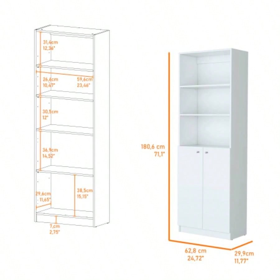 Sutton 2 - Door Bookcase, Storage with Multi - Level Shelves and Double Door Design