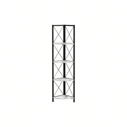 Bookshelf, Bookcase, Etagere, Corner, 4 Tier, 60h, Office, Bedroom, White Marble Look Laminate, Black Metal, Contemporary, Modern