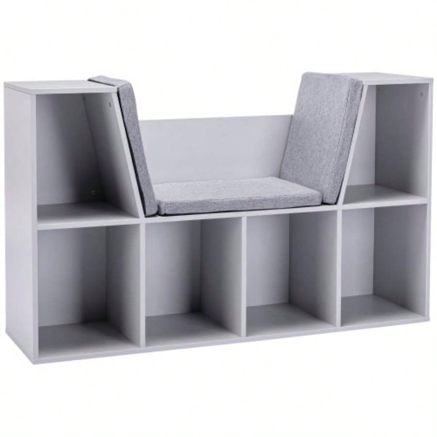 6 - Cubby Kids Bookcase with Reading Nook and Cushion, Multi - Purpose Storage Organizer Bedroom, Living Room,