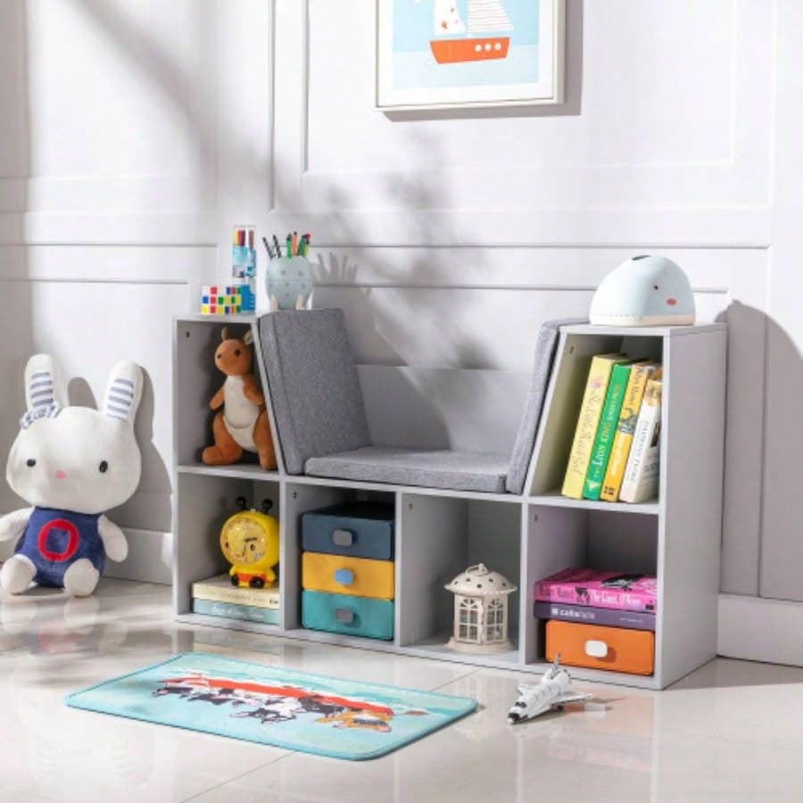 6 - Cubby Kids Bookcase with Reading Nook and Cushion, Multi - Purpose Storage Organizer Bedroom, Living Room,