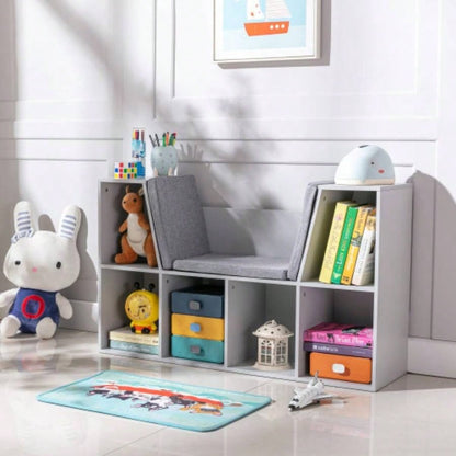 6 - Cubby Kids Bookcase with Reading Nook and Cushion, Multi - Purpose Storage Organizer Bedroom, Living Room,