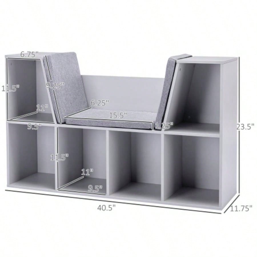 6 - Cubby Kids Bookcase with Reading Nook and Cushion, Multi - Purpose Storage Organizer Bedroom, Living Room,