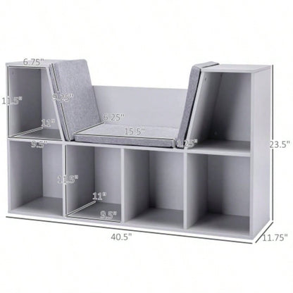 6 - Cubby Kids Bookcase with Reading Nook and Cushion, Multi - Purpose Storage Organizer Bedroom, Living Room,