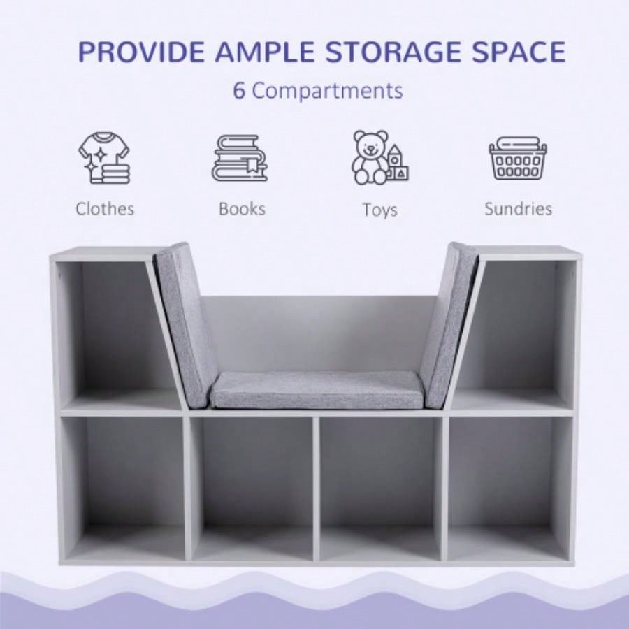 6 - Cubby Kids Bookcase with Reading Nook and Cushion, Multi - Purpose Storage Organizer Bedroom, Living Room,