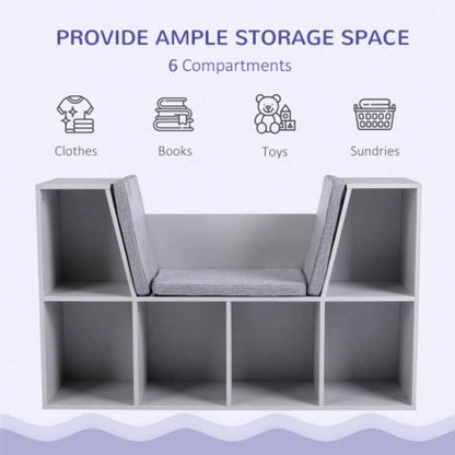 6 - Cubby Kids Bookcase with Reading Nook and Cushion, Multi - Purpose Storage Organizer Bedroom, Living Room,