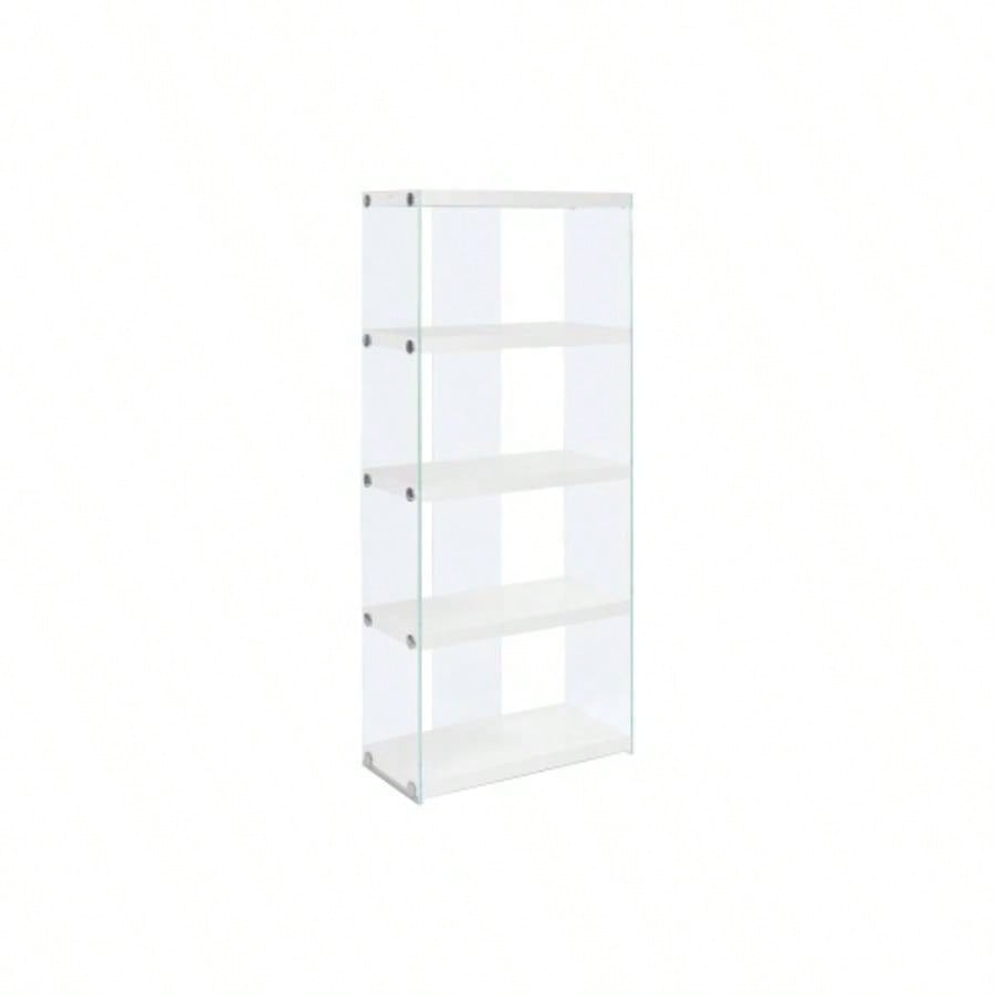 Bookshelf, Bookcase, Etagere, 5 Tier, 60h, Office, Bedroom, Glossy White Laminate, Tempered Glass, Contemporary, Modern