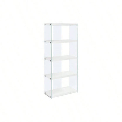Bookshelf, Bookcase, Etagere, 5 Tier, 60h, Office, Bedroom, Glossy White Laminate, Tempered Glass, Contemporary, Modern
