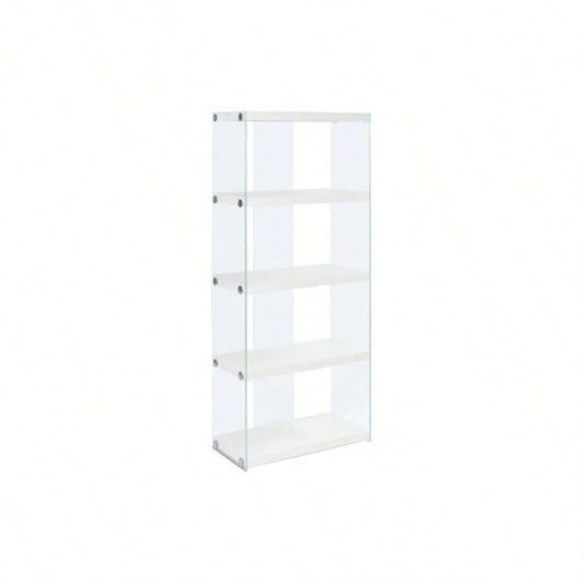 Bookshelf, Bookcase, Etagere, 5 Tier, 60h, Office, Bedroom, Glossy White Laminate, Tempered Glass, Contemporary, Modern