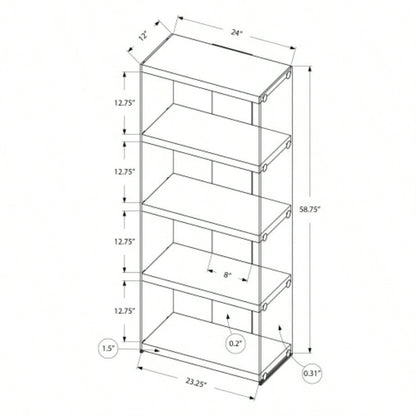 Bookshelf, Bookcase, Etagere, 5 Tier, 60h, Office, Bedroom, Glossy White Laminate, Tempered Glass, Contemporary, Modern